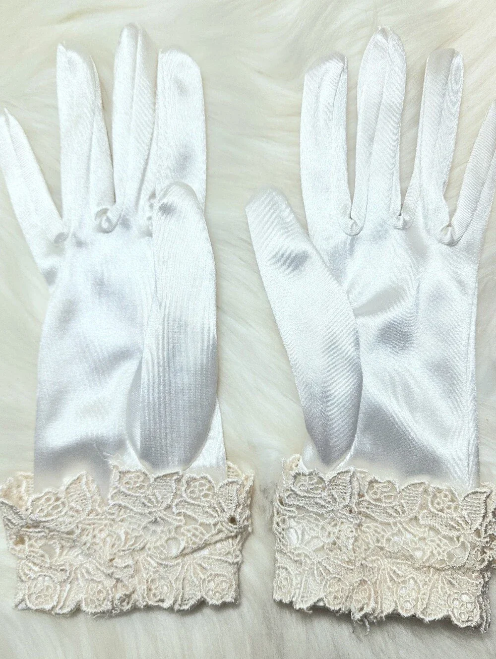 Vintage Satin Gloves With Lace Cuff Stretch Size Medium
